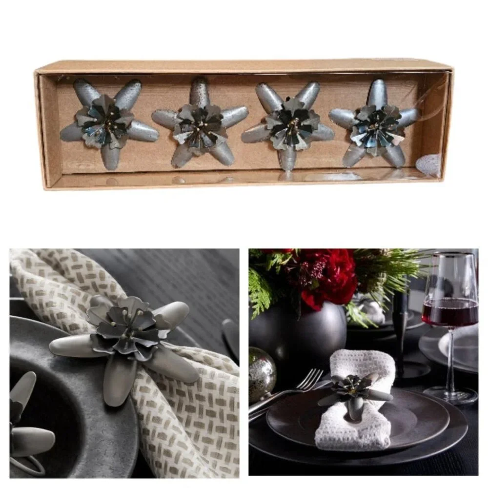 West Elm Set of 4 Metal Floral Napkin Ring Holders, NWT